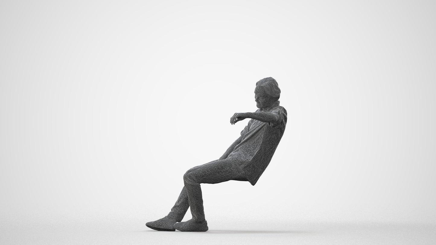 3D human model man casual sitting, photogrammetry scanned person for archviz, square thumbnail