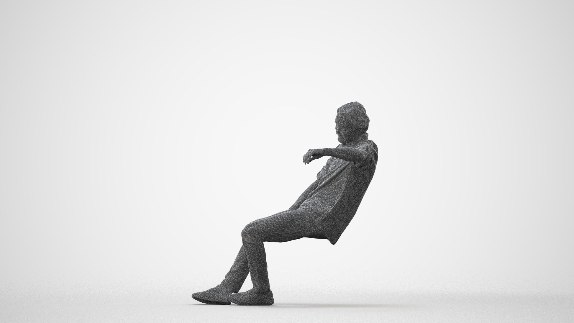 3D human model man casual sitting, photogrammetry scanned person for archviz, square thumbnail