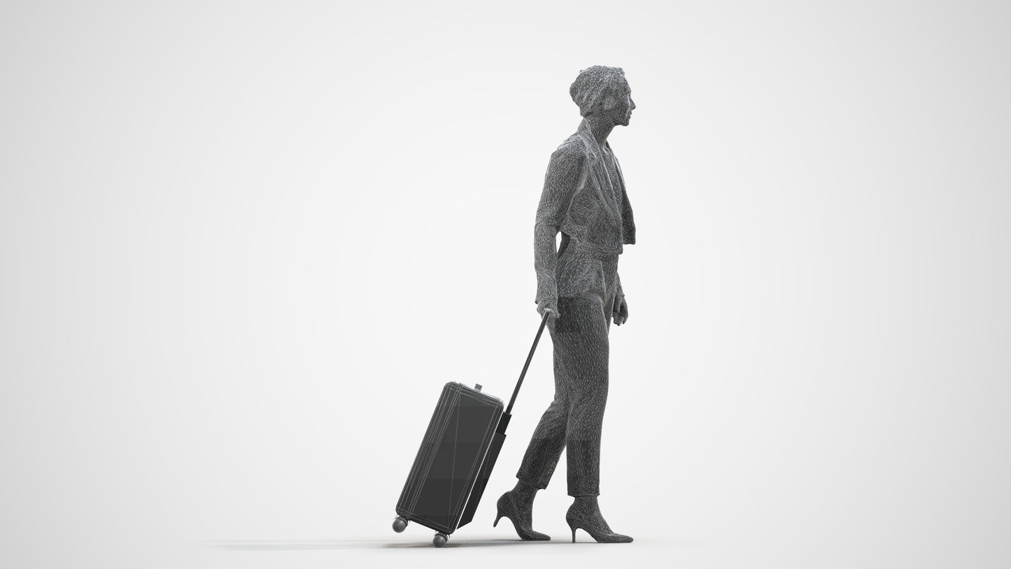 3D human model woman business, photogrammetry scanned person for archviz, wireframe side view