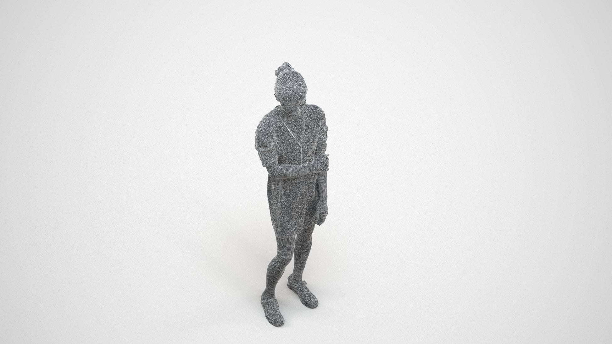 realistic 3D human woman business standing, archviz people FBX OBJ for Blender, wireframe three-quarter view