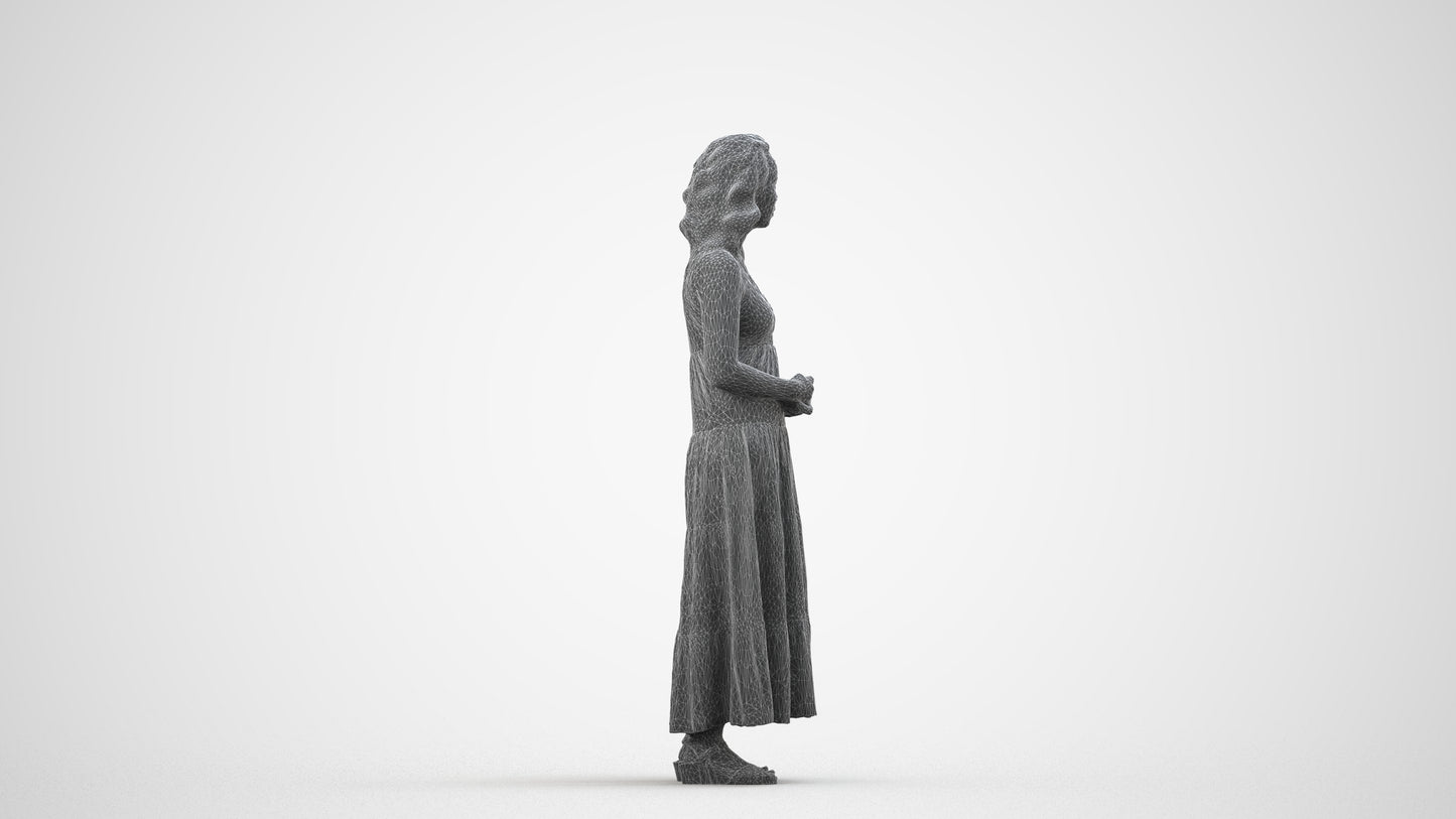 3D people model woman casual standing, scanned human for 3ds Max rendering, wireframe side view