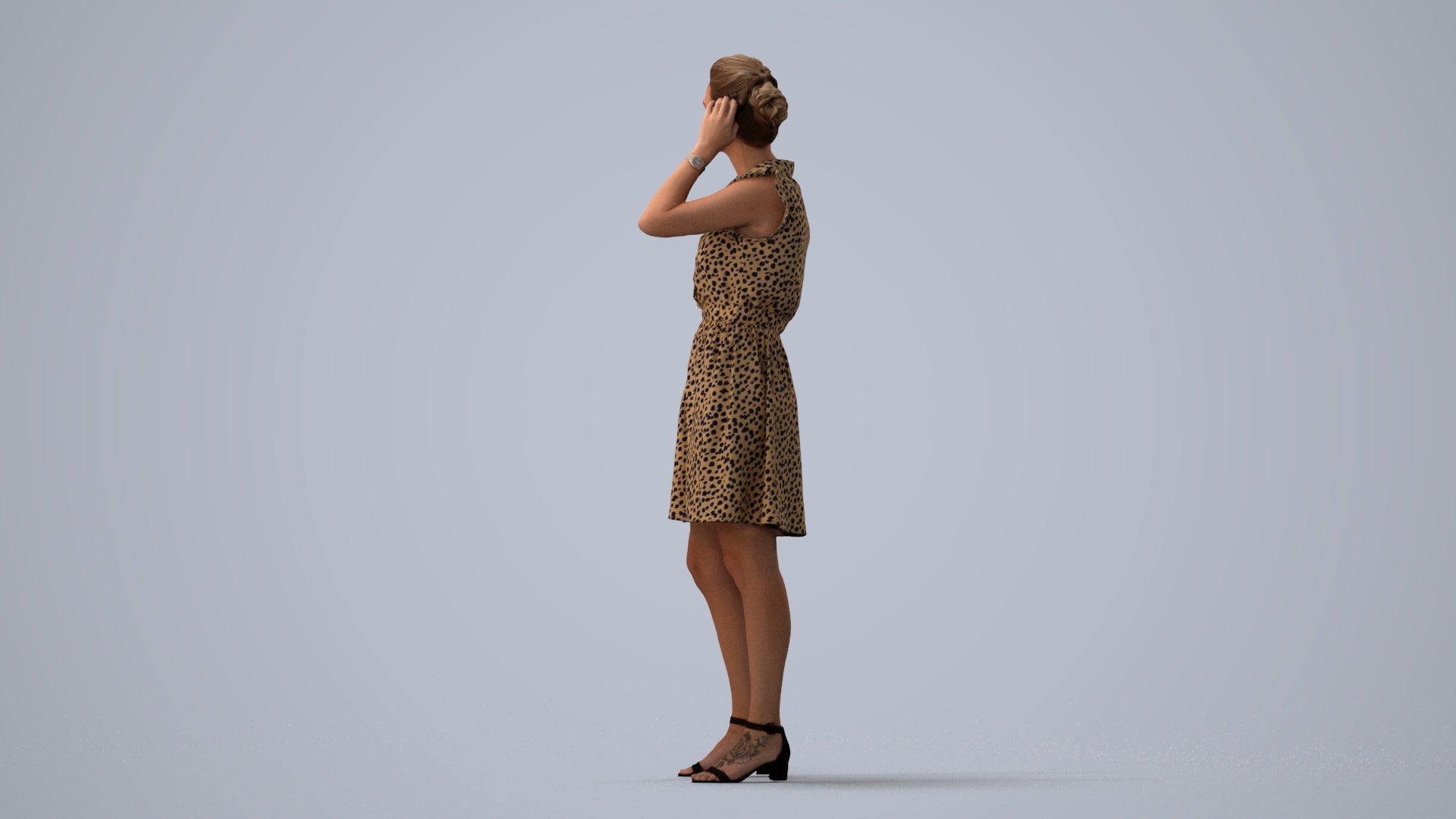 realistic 3D human woman casual standing, archviz people FBX OBJ for Blender, three-quarter view render