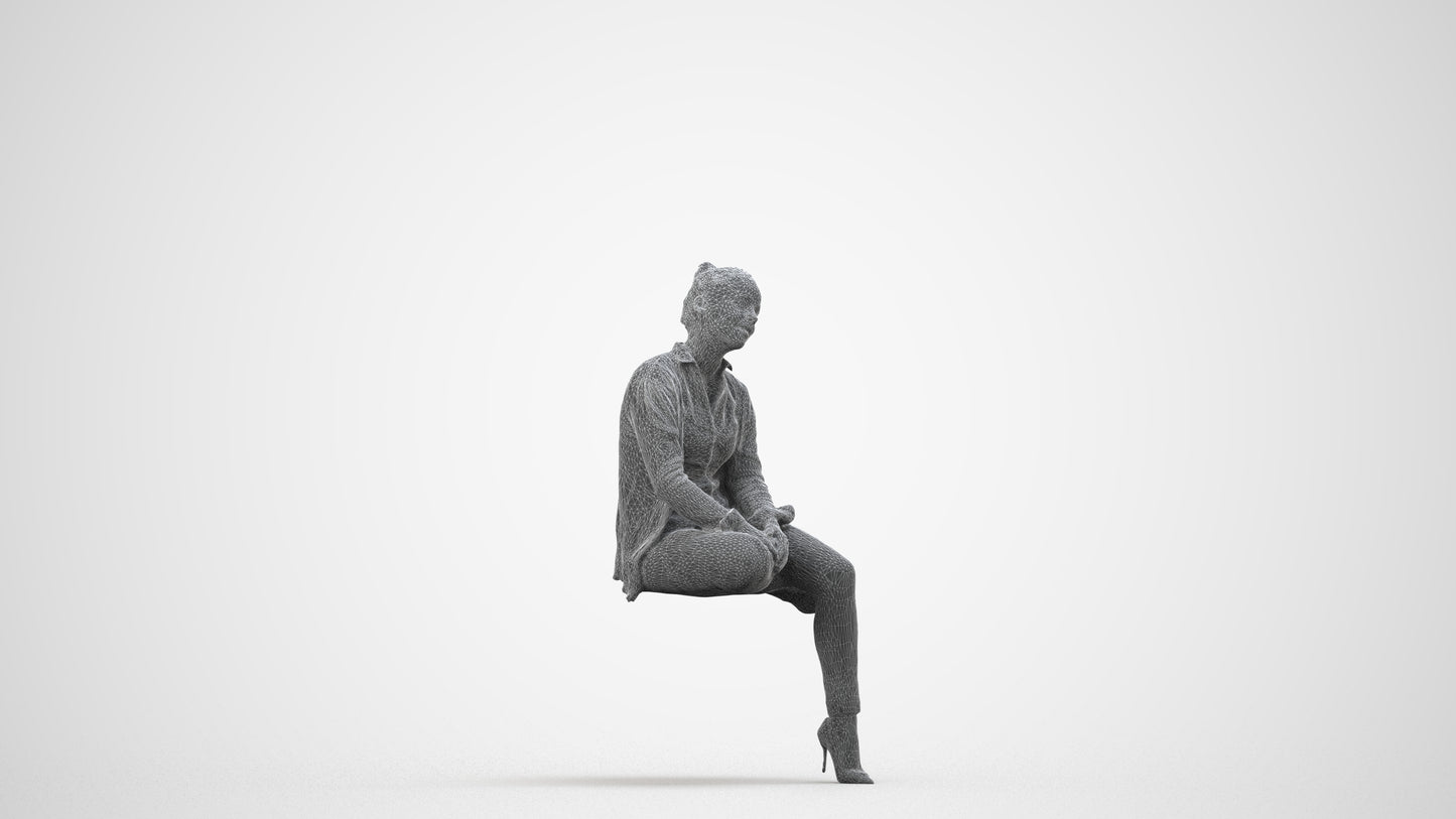 realistic 3D people woman business sitting, render-ready for V-Ray and Corona, FBX OBJ, wireframe side view