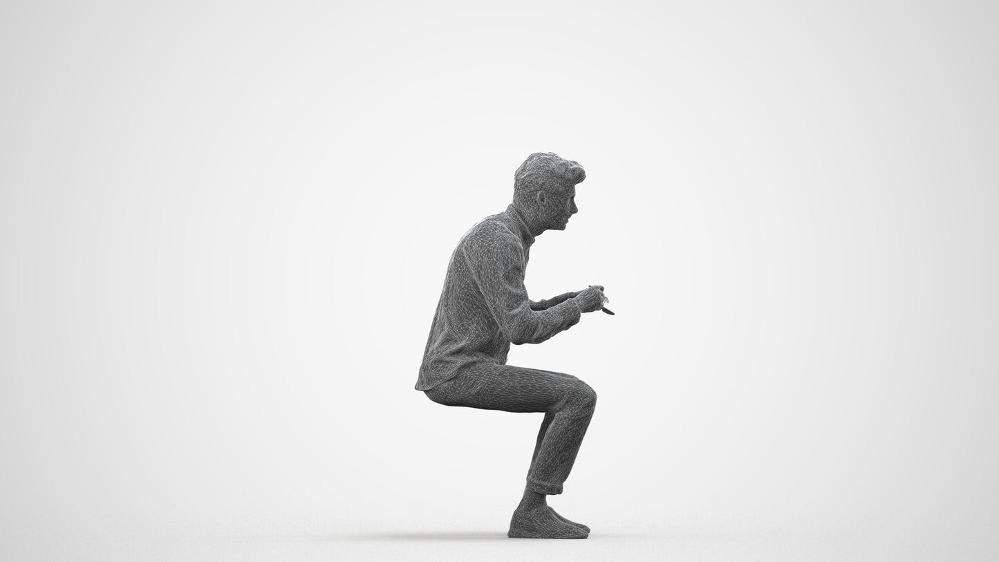 scanned 3D man casual sitting, photogrammetry people for Enscape and V-Ray, wireframe side view