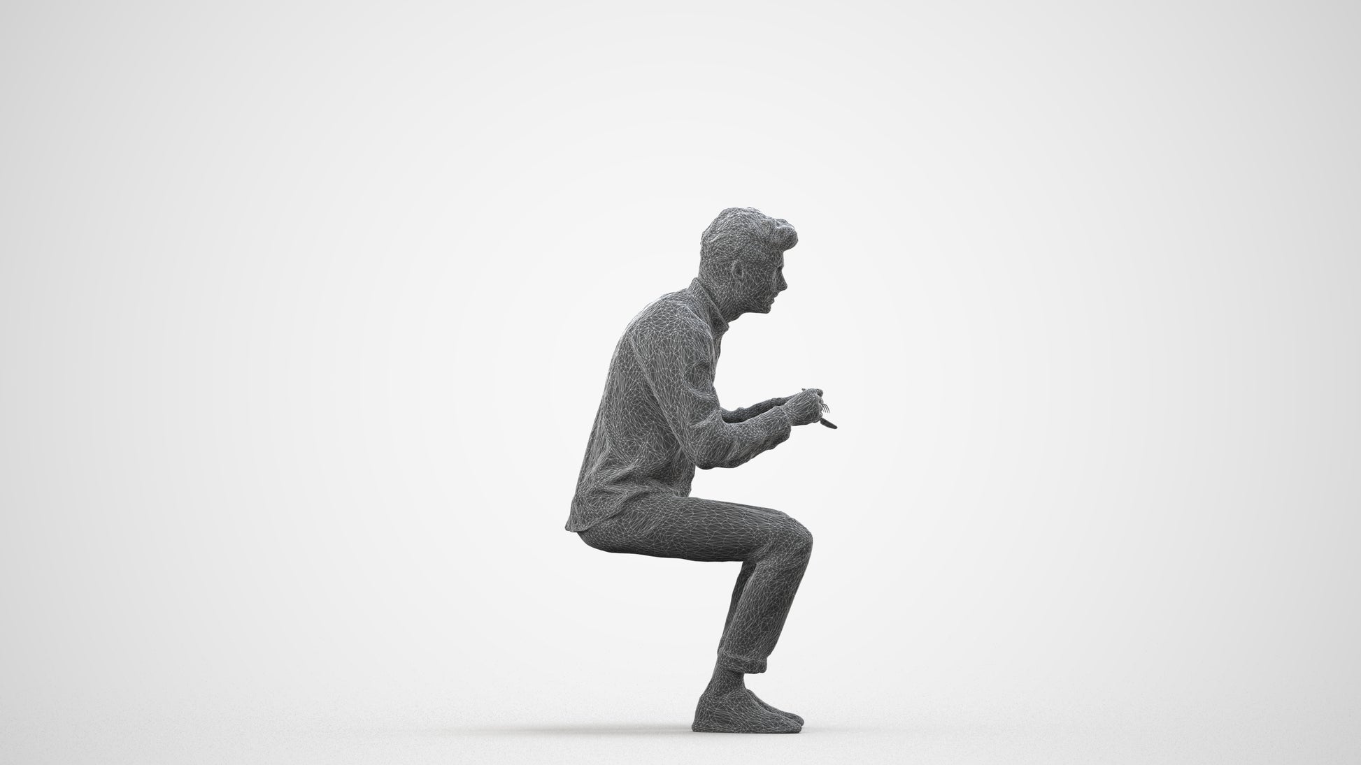 scanned 3D man casual sitting, photogrammetry people for Enscape and V-Ray, wireframe side view