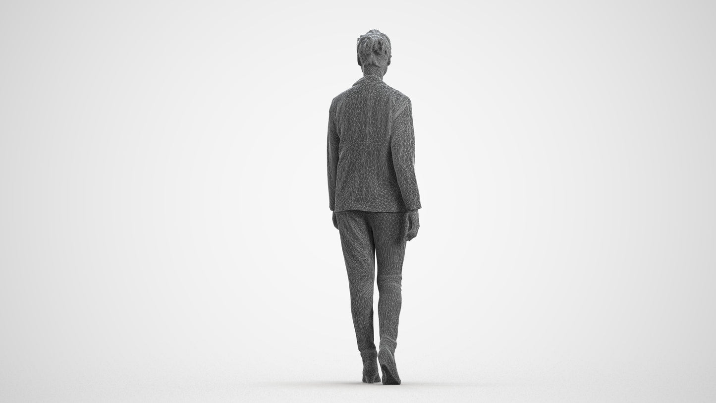 3D scanned woman walking business, photorealistic archviz people for Enscape and SketchUp, wireframe front view