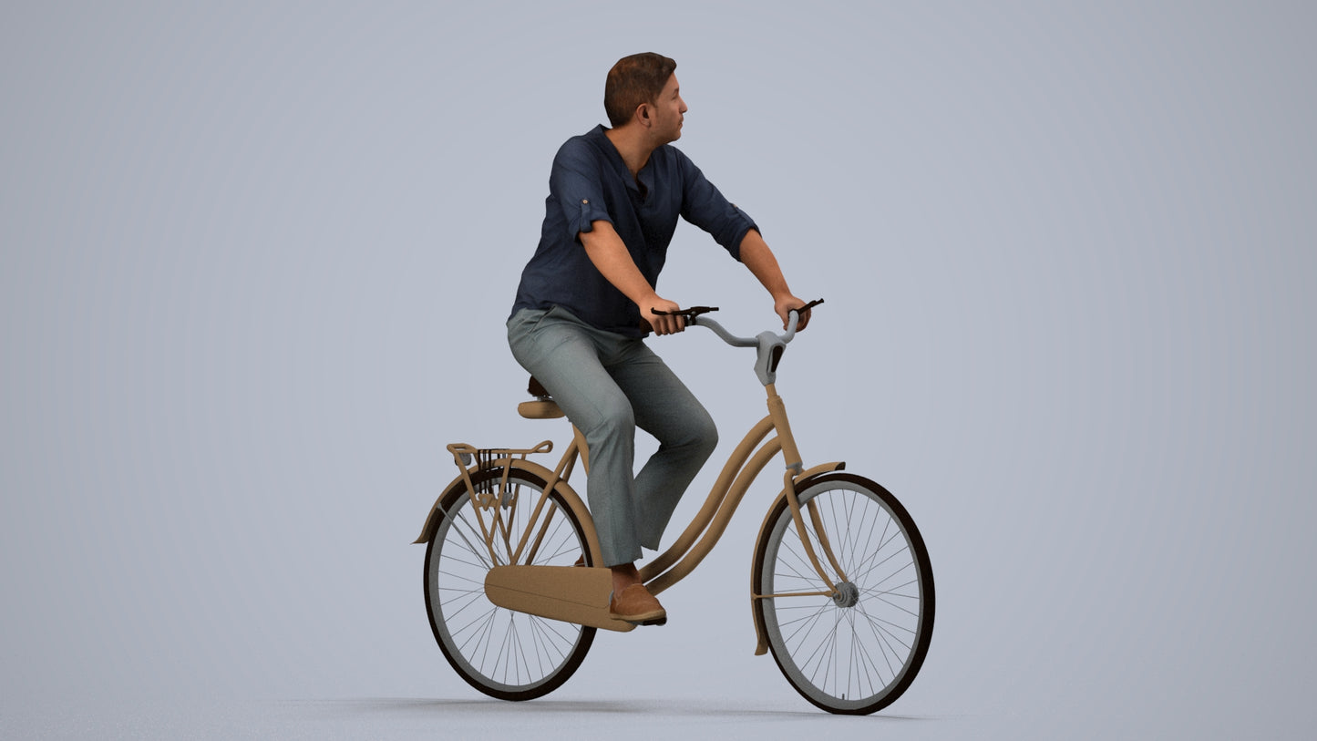 3D scanned man cycling casual, photorealistic archviz people for Enscape and SketchUp, side view render