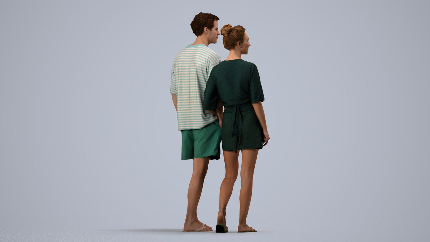 realistic 3D human woman casual couple, archviz people FBX OBJ for Blender, side view render