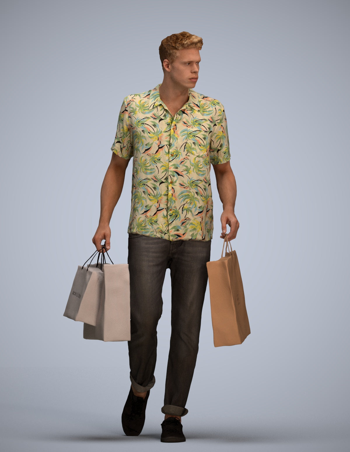 3D human model man casual shopping, photogrammetry scanned person for archviz