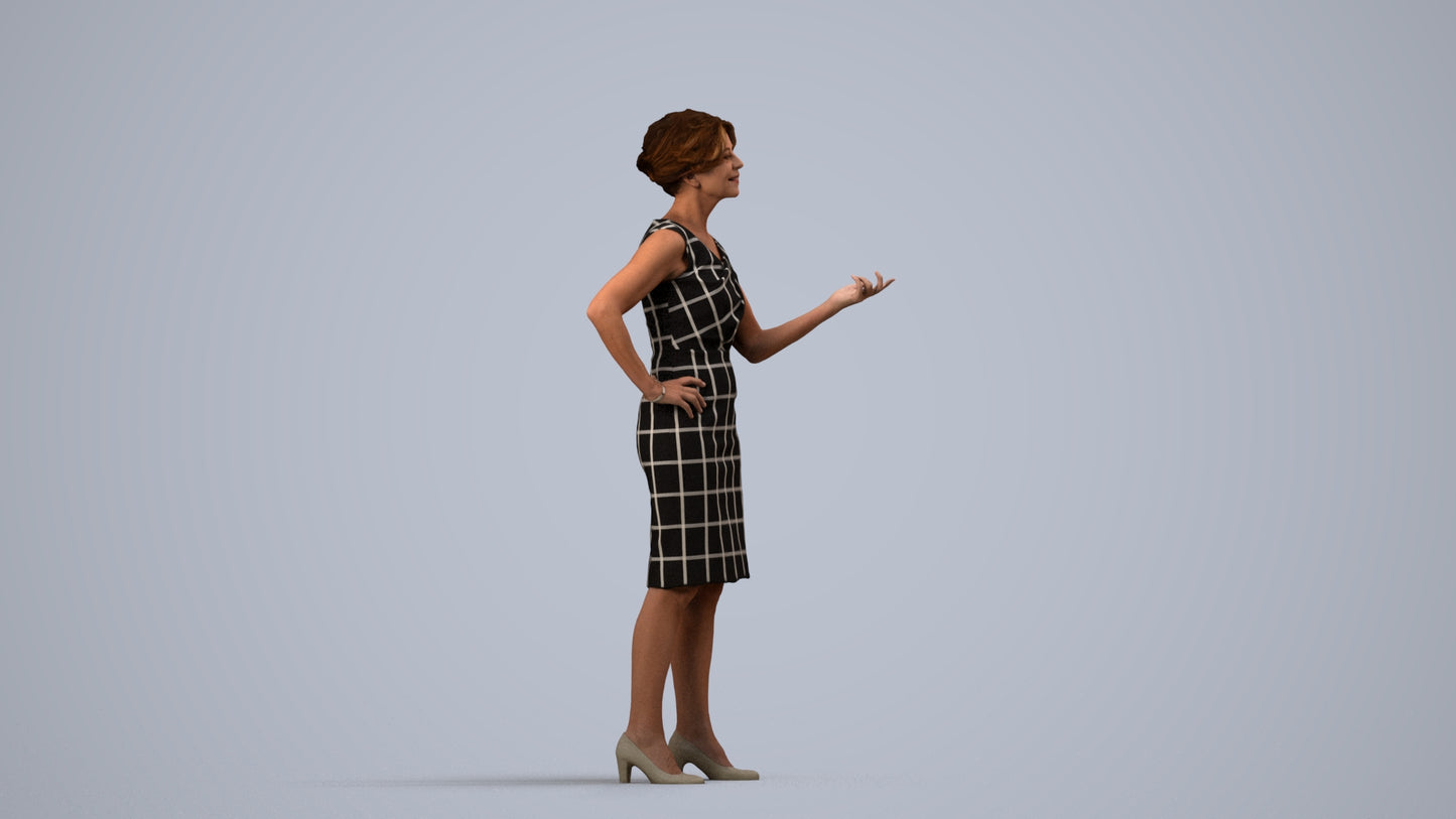 realistic 3D human woman business standing, archviz people FBX OBJ for Blender, side view render