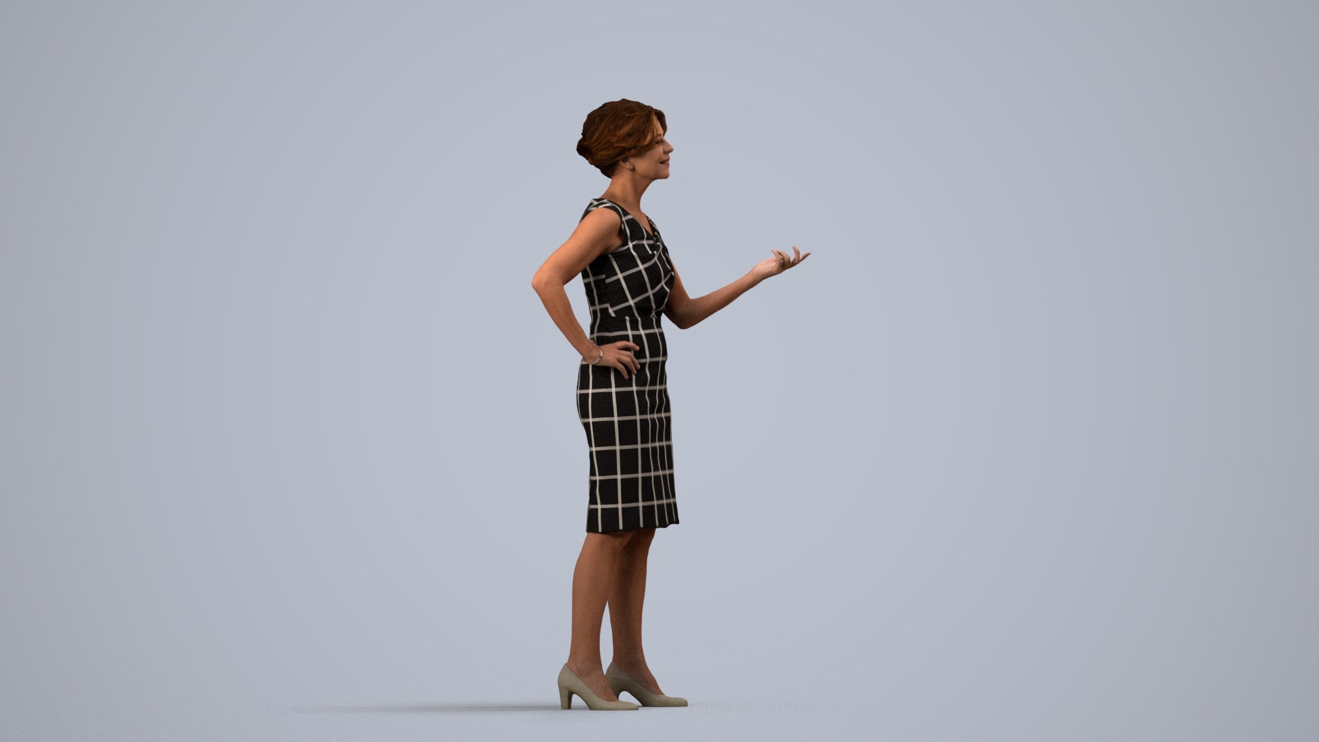 realistic 3D human woman business standing, archviz people FBX OBJ for Blender, side view render