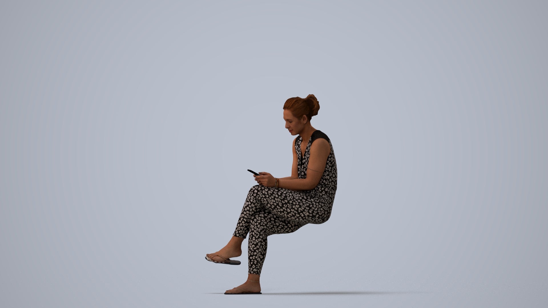 realistic 3D people woman casual sitting, render-ready for V-Ray and Corona, FBX OBJ, three-quarter view render