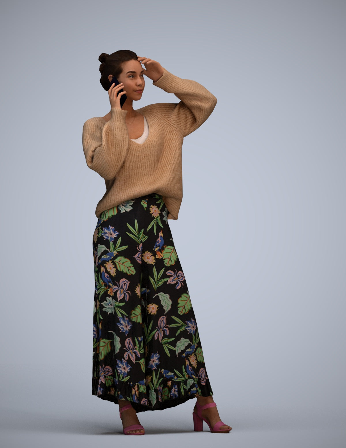 3D human model woman casual standing, photogrammetry scanned person for archviz