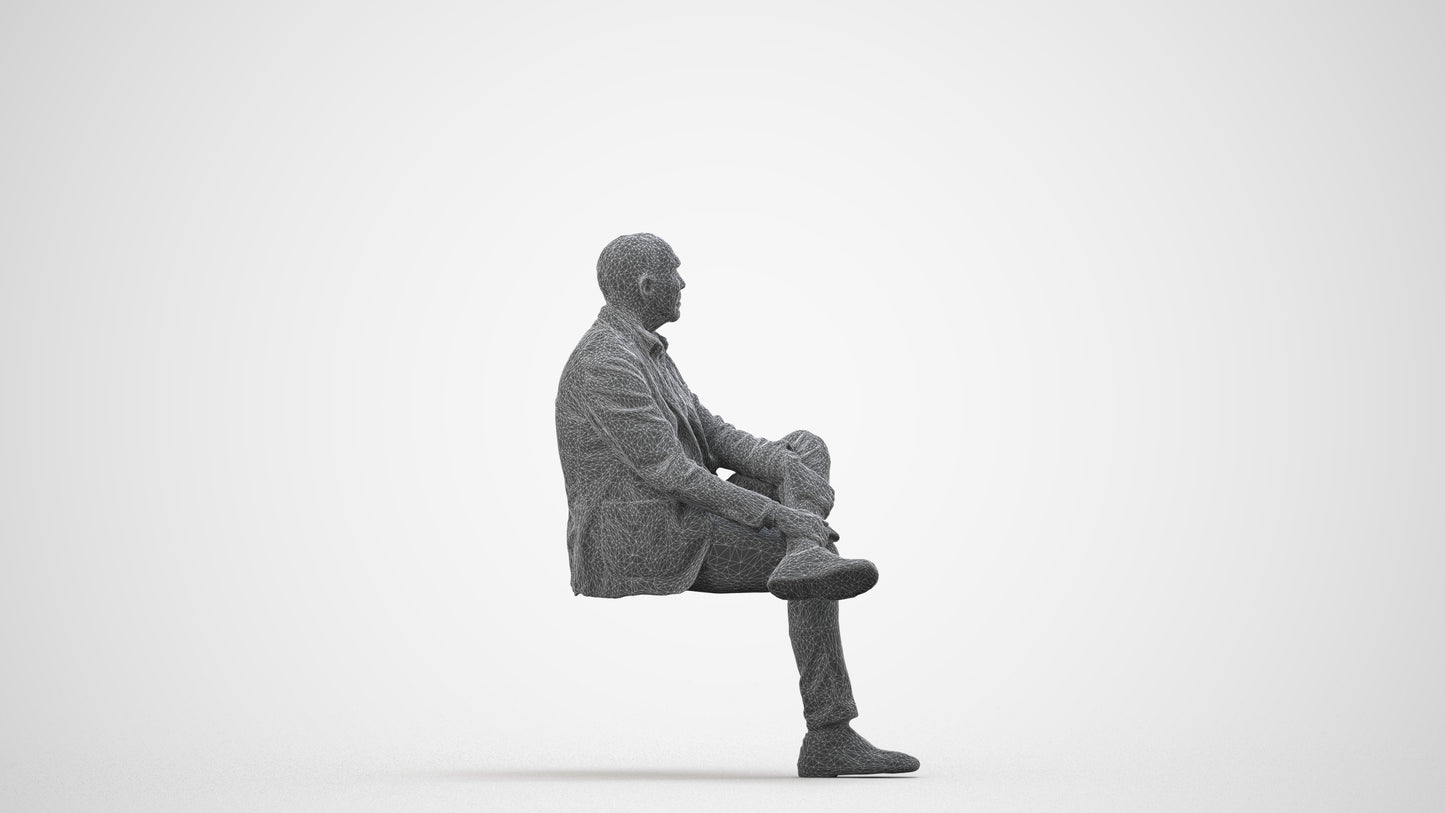 scanned 3D senior man business sitting, photogrammetry people for Enscape and V-Ray, wireframe side view