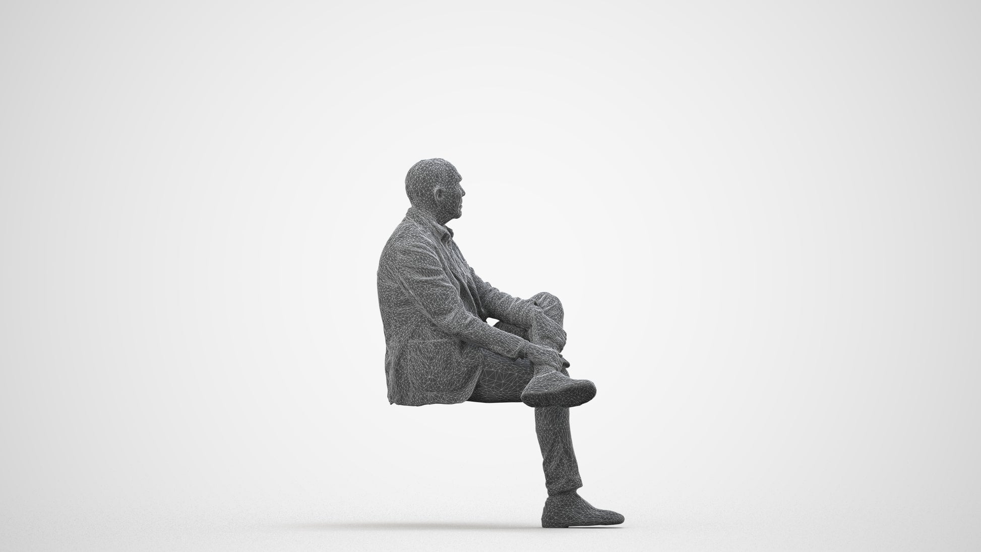 scanned 3D senior man business sitting, photogrammetry people for Enscape and V-Ray, wireframe side view
