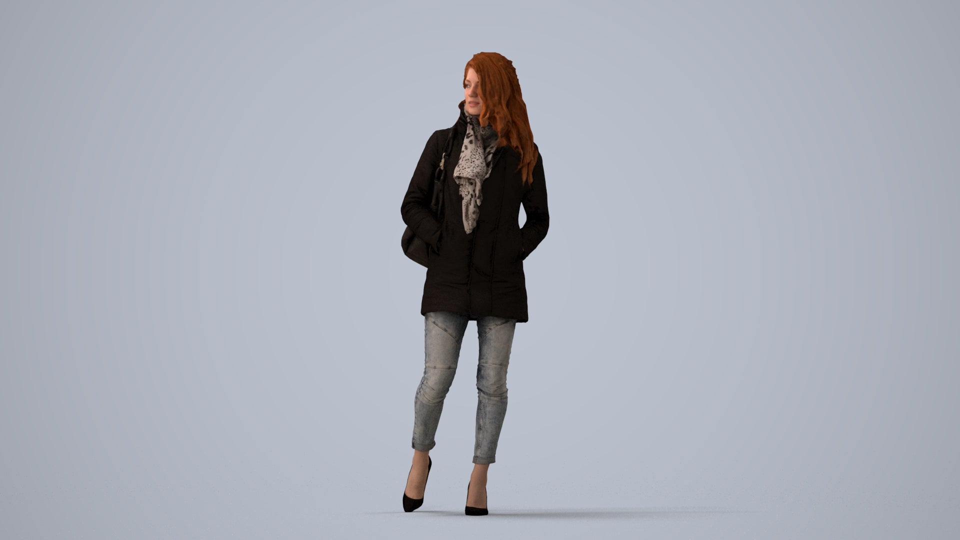3D scanned woman walking casual, photorealistic archviz people for Enscape and SketchUp, three-quarter view render