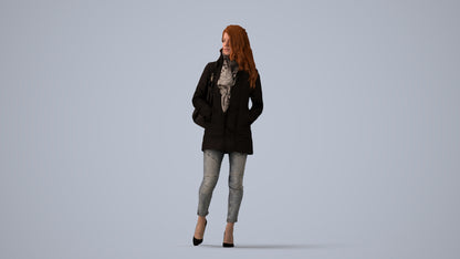 3D scanned woman walking casual, photorealistic archviz people for Enscape and SketchUp, three-quarter view render