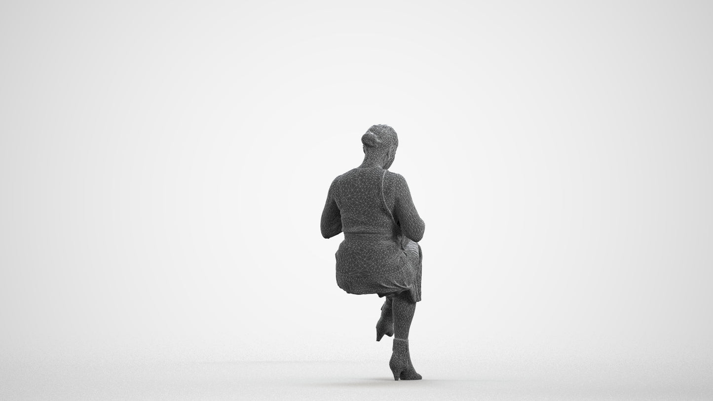 3D scanned woman sitting casual, photorealistic archviz people for Enscape and SketchUp, wireframe front view