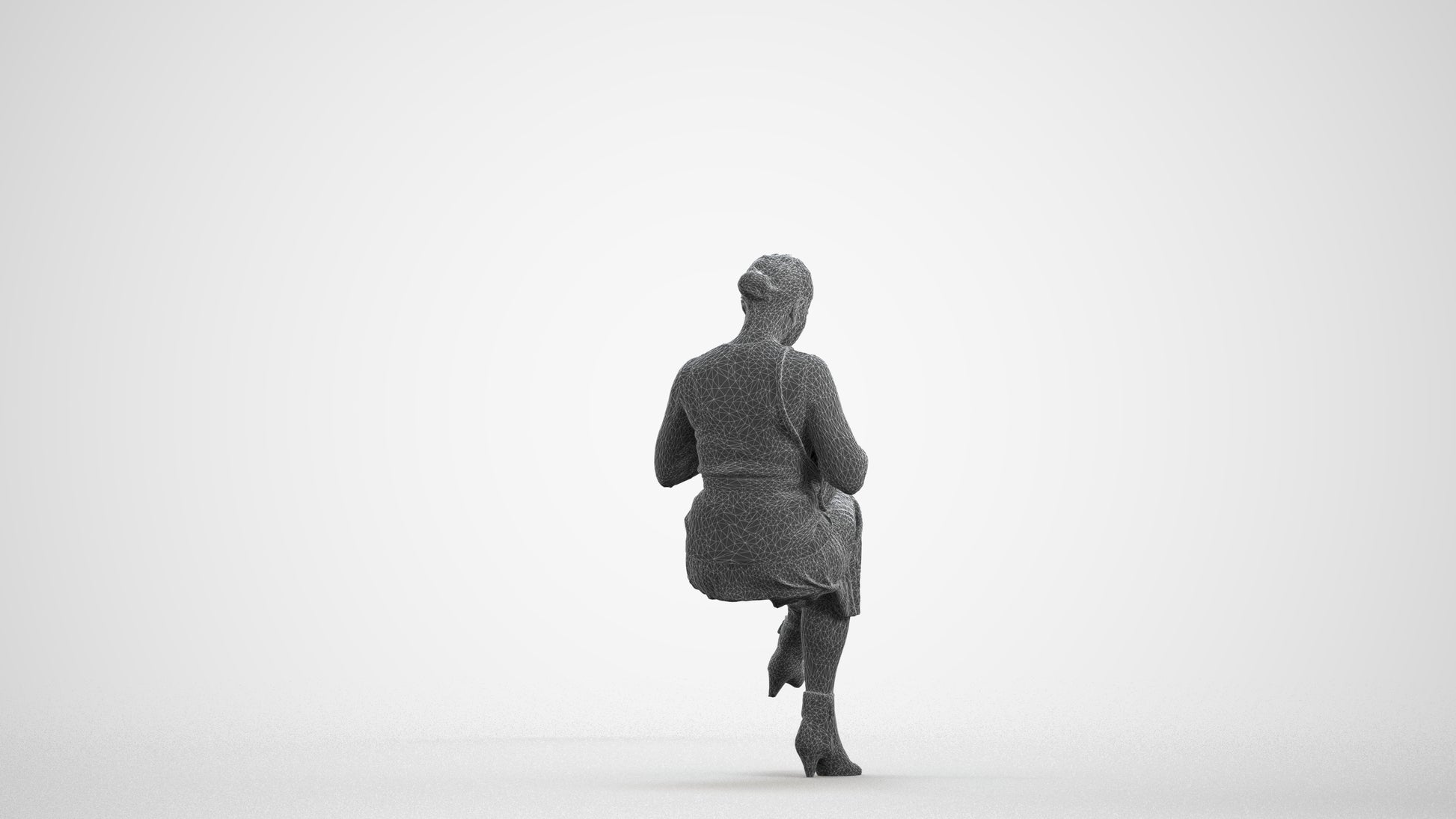 3D scanned woman sitting casual, photorealistic archviz people for Enscape and SketchUp, wireframe front view