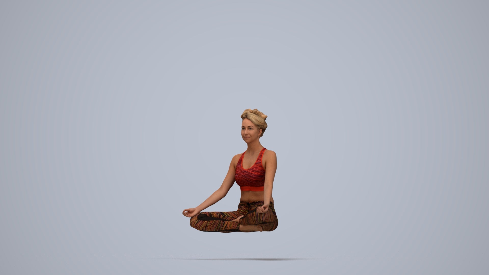 3D human model woman sport, photogrammetry scanned person for archviz, top-down view render