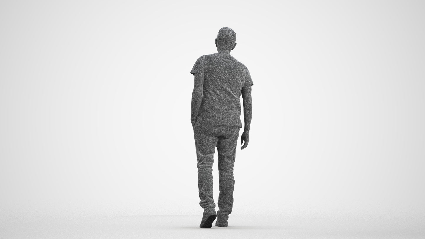 realistic 3D senior man casual walking, scanned archviz people for Blender and 3ds Max, wireframe front view