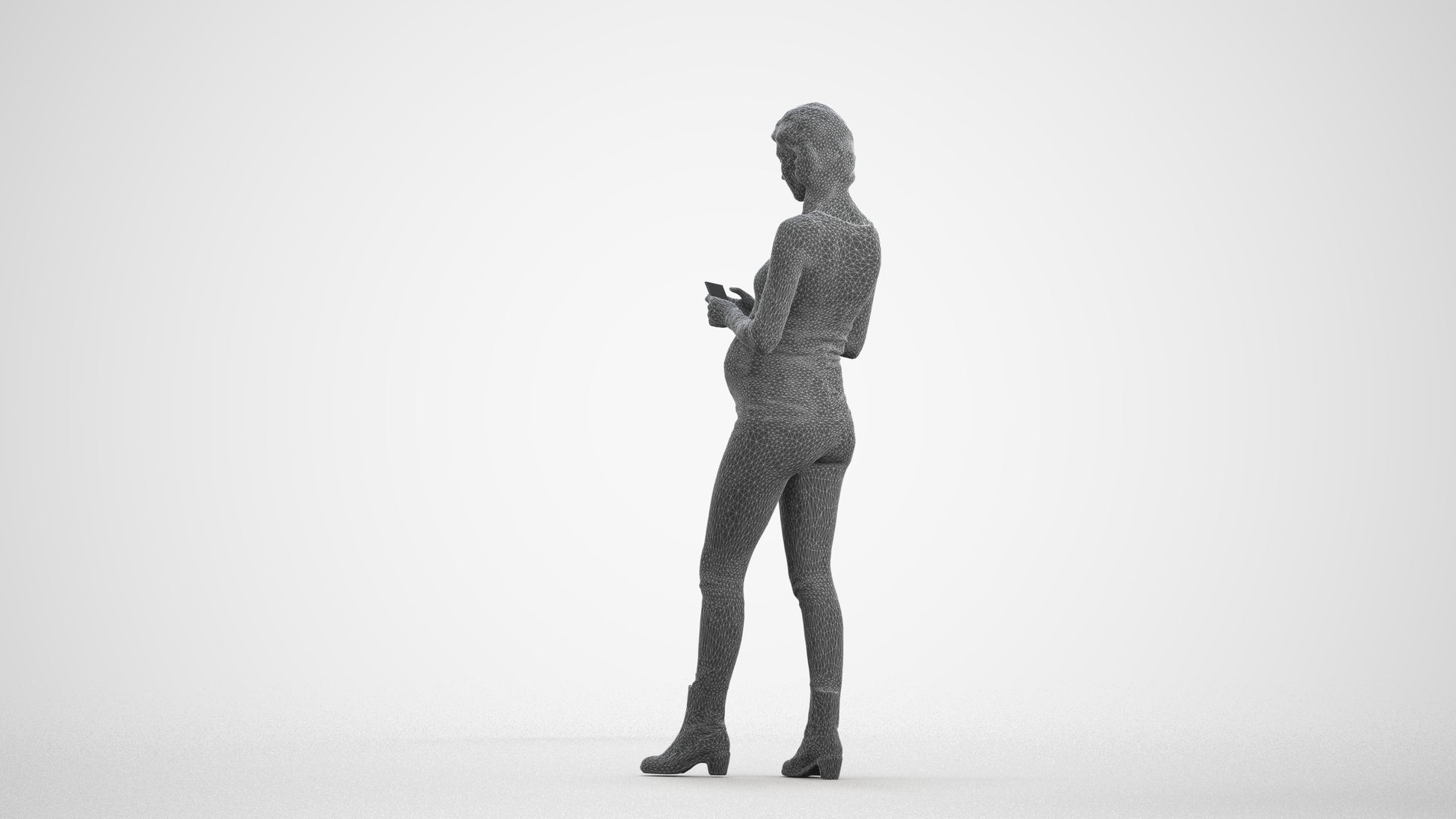 3D scanned woman standing casual, photorealistic archviz people for Enscape and SketchUp, wireframe front view