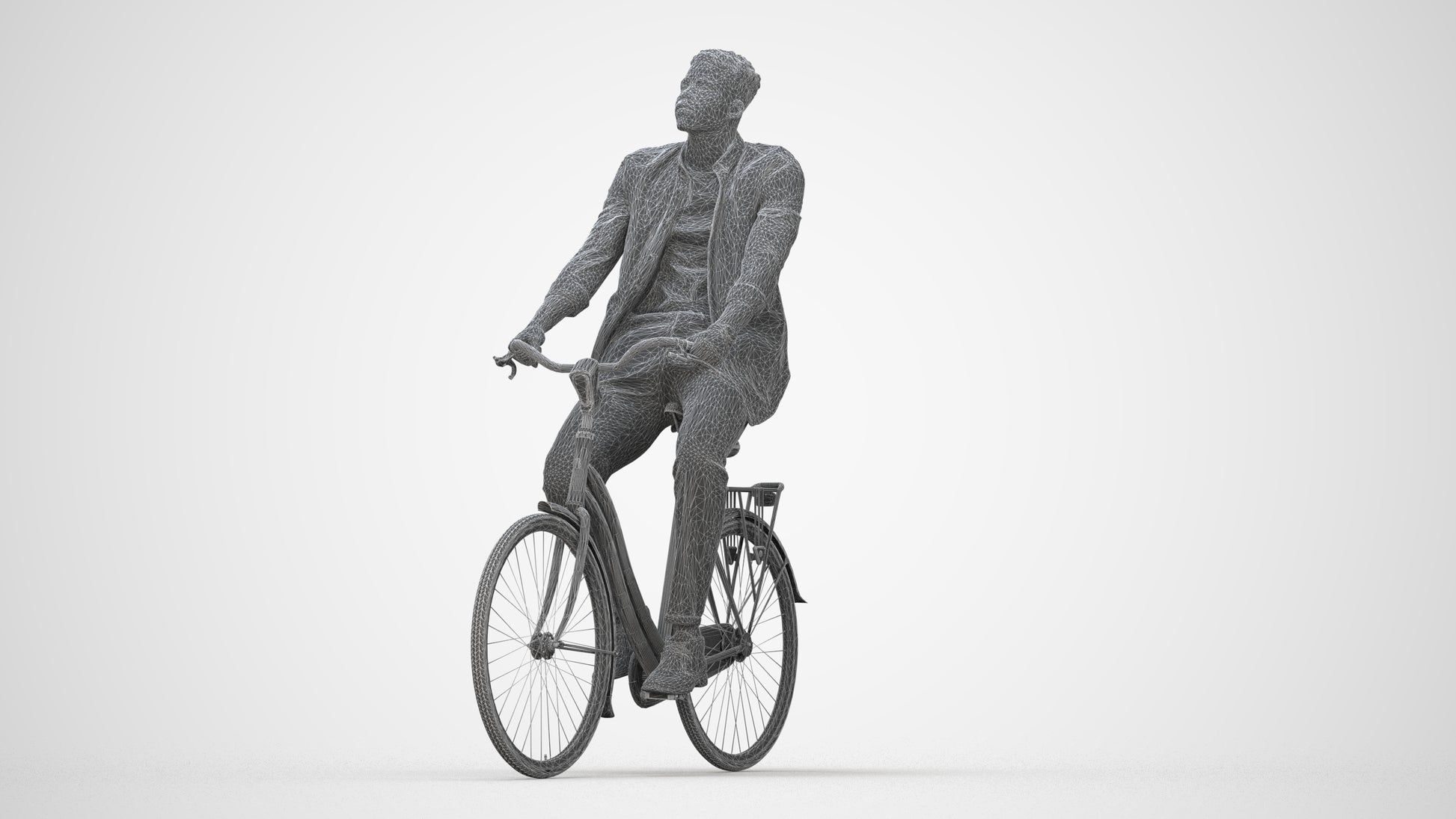 3D people model man casual cycling, scanned human for 3ds Max rendering, wireframe back view