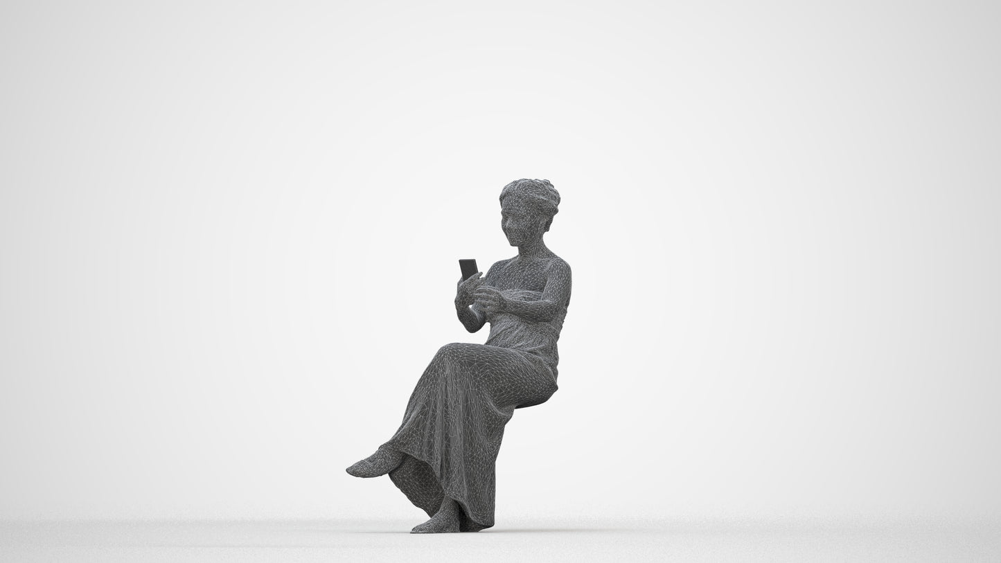 realistic 3D human woman casual sitting, archviz people FBX OBJ for Blender, wireframe back view