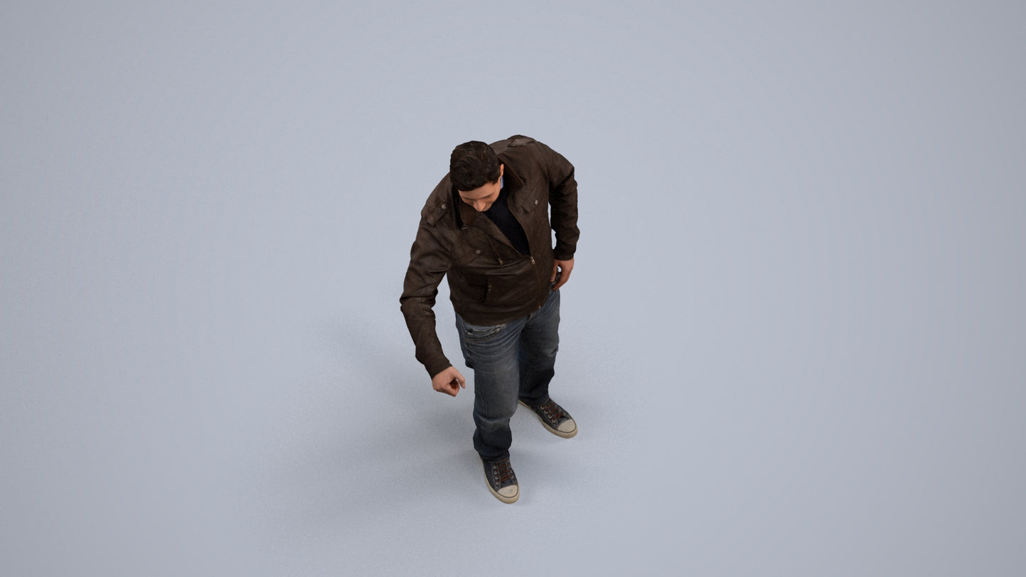 realistic 3D human man casual door, archviz people FBX OBJ for Blender, back view render