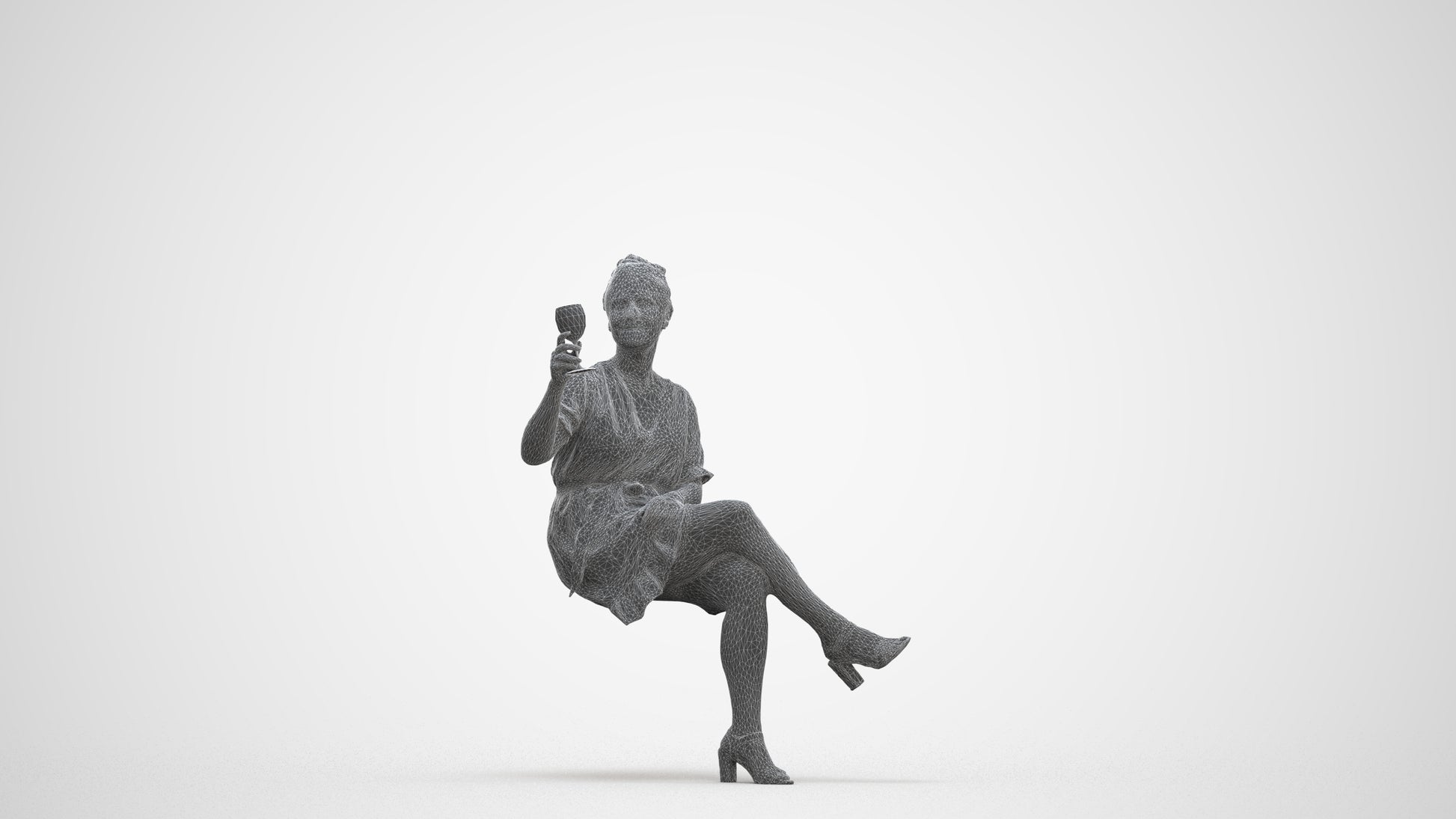 3D people model woman casual sitting, scanned human for 3ds Max rendering, three-quarter front view render