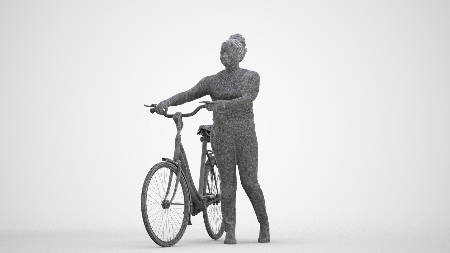 realistic 3D woman casual cycling, scanned archviz people for Blender and 3ds Max, three-quarter front view render