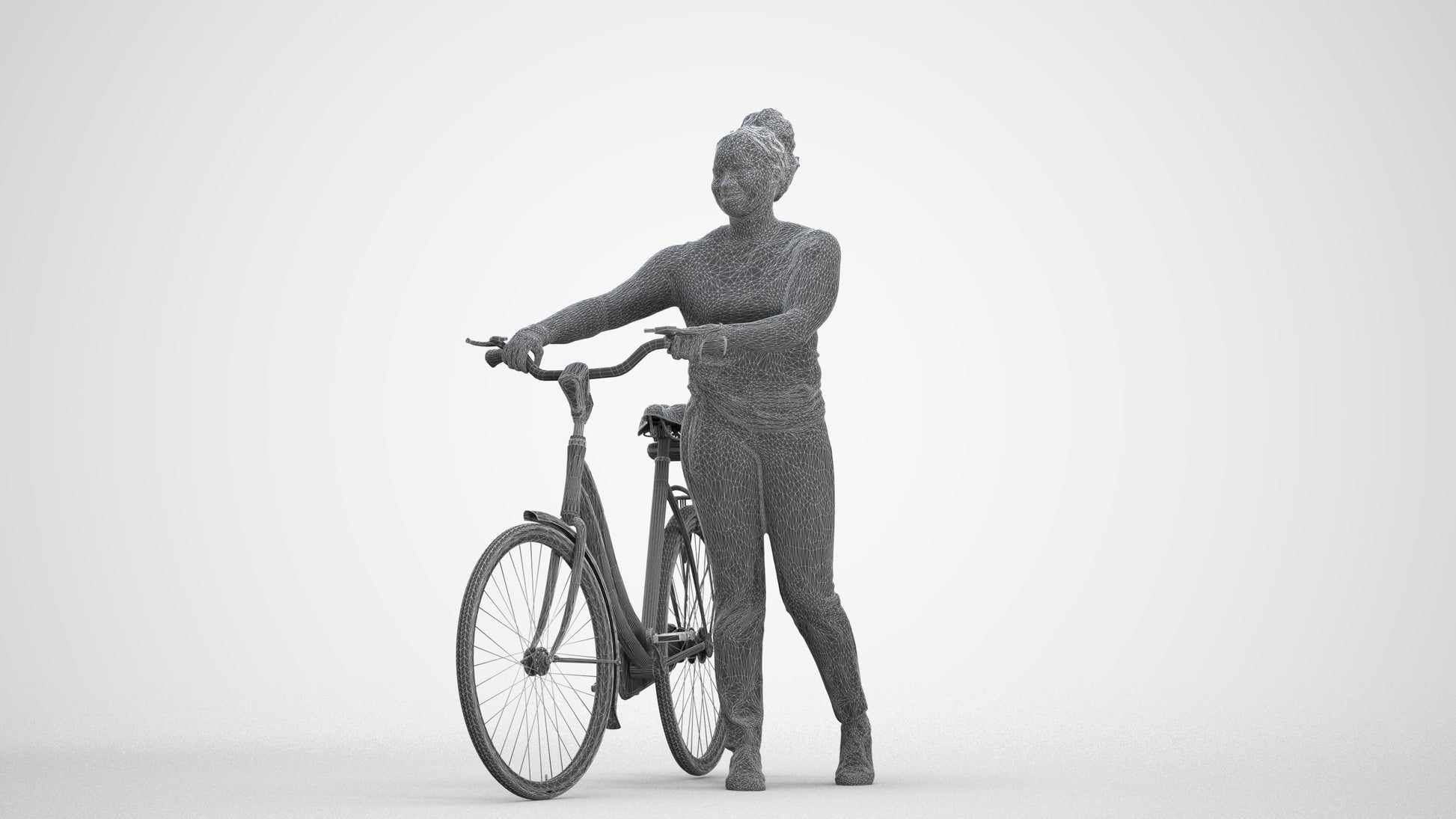 realistic 3D woman casual cycling, scanned archviz people for Blender and 3ds Max, three-quarter front view render