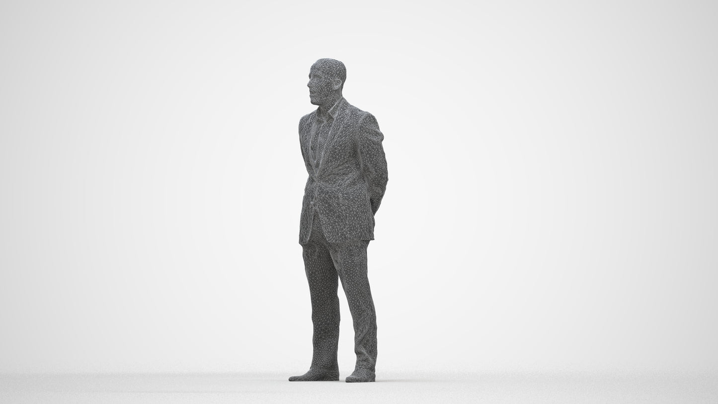 3D scanned man business, photorealistic archviz people for Enscape and SketchUp, wireframe back view