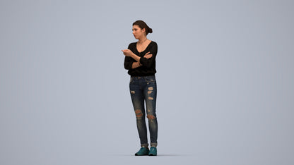 3D human model woman casual standing, photogrammetry scanned person for archviz, top-down view render