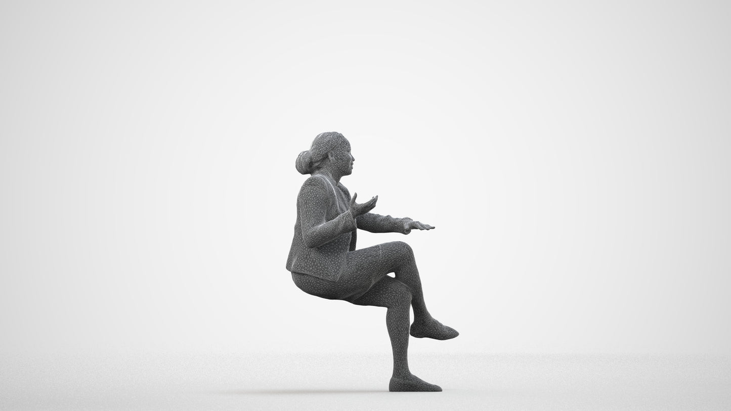 scanned 3D woman business sitting, photogrammetry people for Enscape and V-Ray, wireframe side view