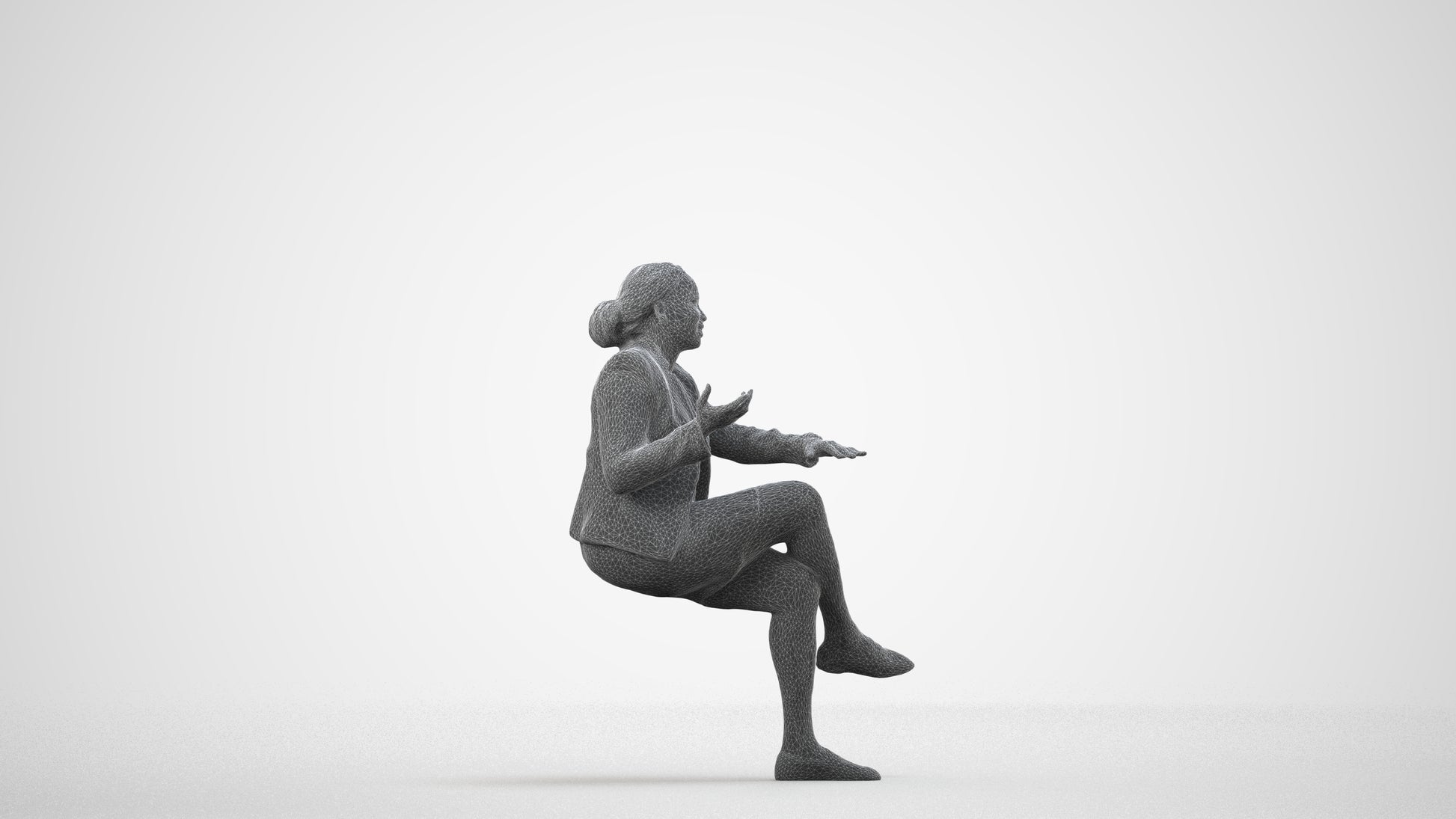 scanned 3D woman business sitting, photogrammetry people for Enscape and V-Ray, wireframe side view