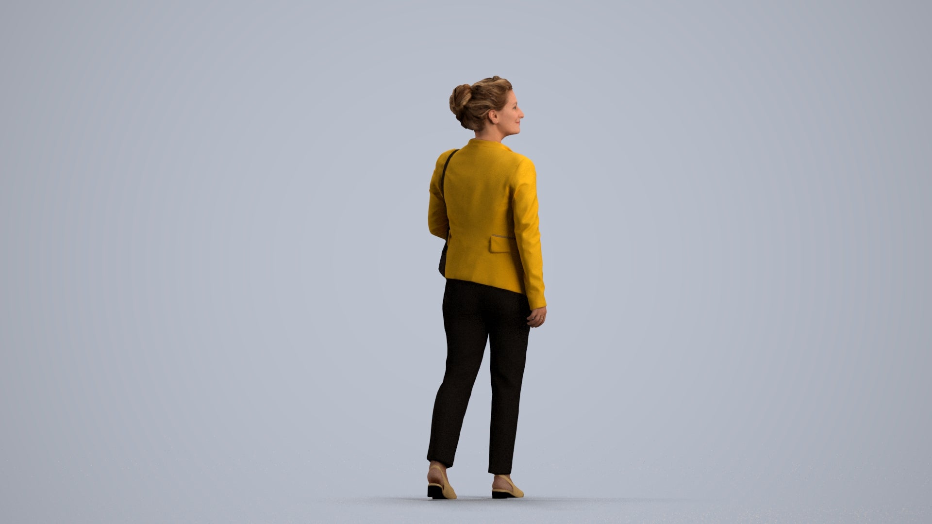 3D human model woman business walking, photogrammetry scanned person for archviz, front view render