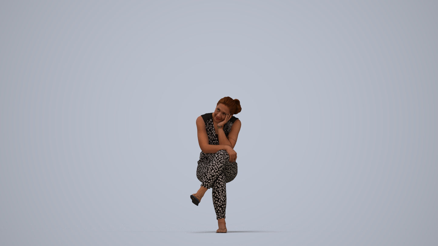 realistic 3D woman casual sitting, scanned archviz people for Blender and 3ds Max, top-down view render