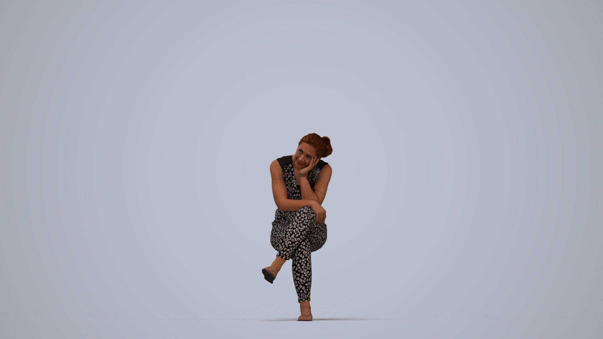 realistic 3D woman casual sitting, scanned archviz people for Blender and 3ds Max, top-down view render
