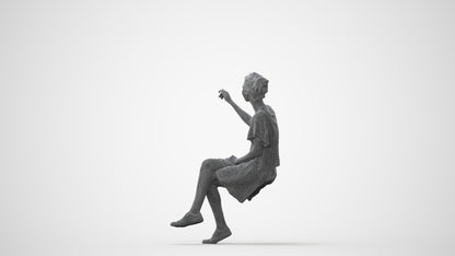 3D human model woman casual sitting, photogrammetry scanned person for archviz, square thumbnail