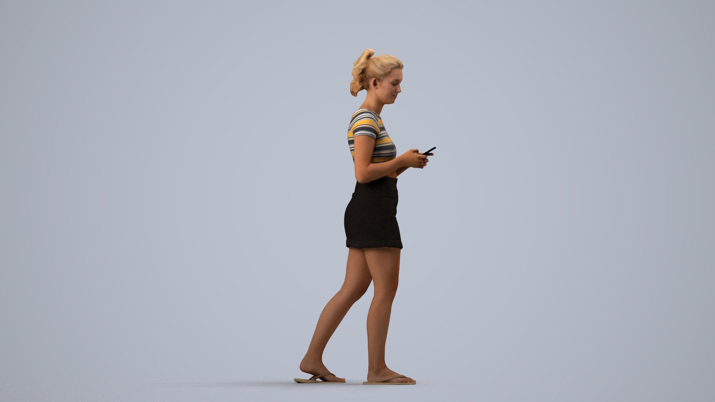 realistic 3D human woman casual standing, archviz people FBX OBJ for Blender, side view render