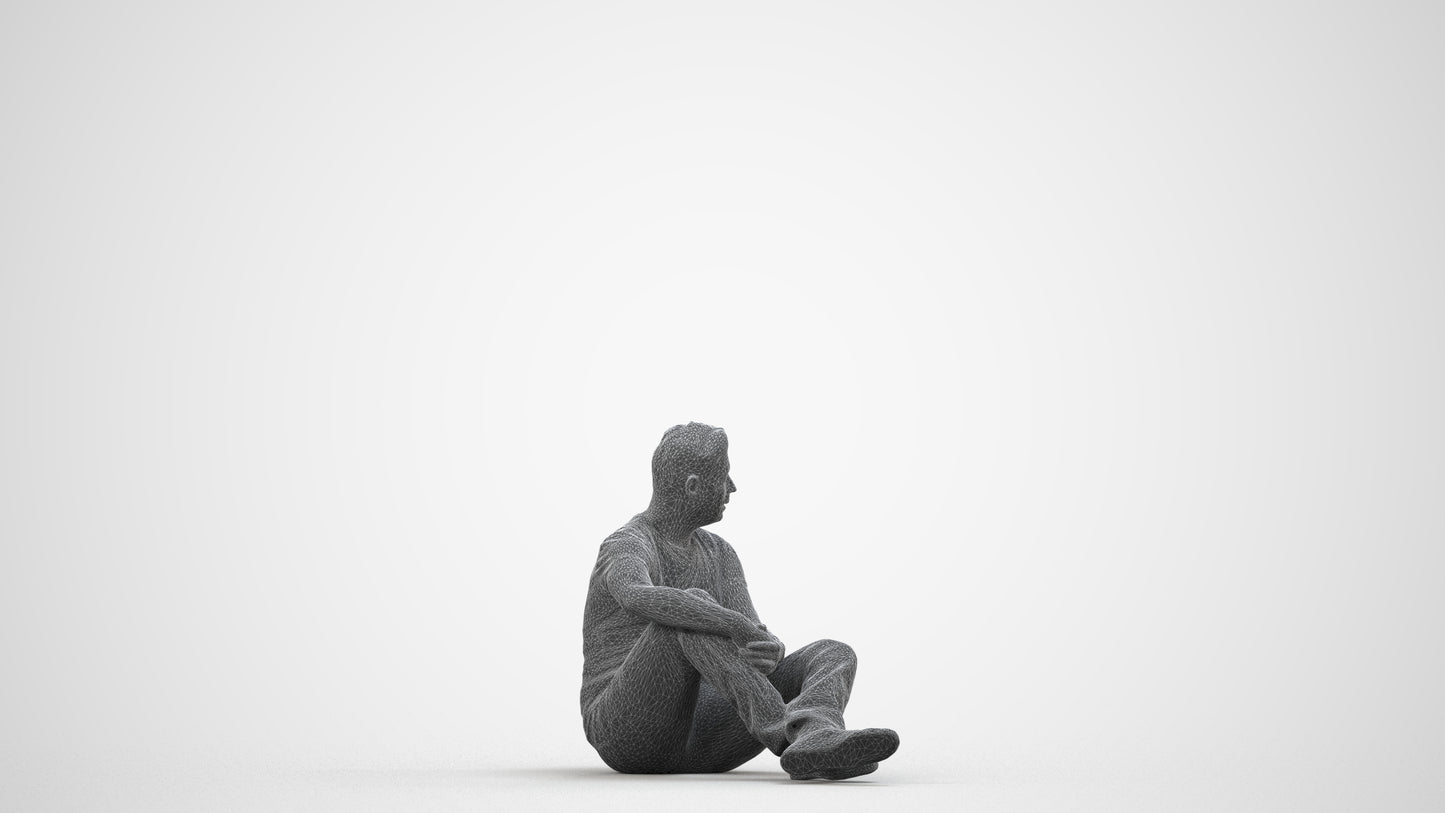 3D people model man casual sitting, scanned human for 3ds Max rendering, wireframe side view