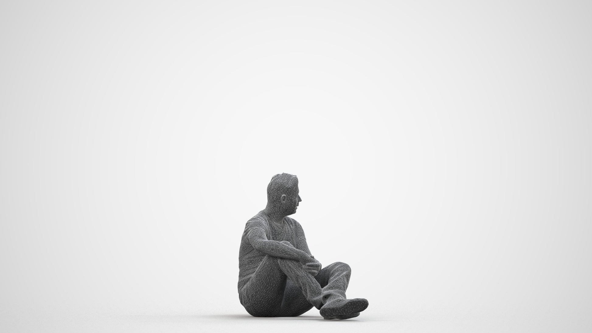 3D people model man casual sitting, scanned human for 3ds Max rendering, wireframe side view