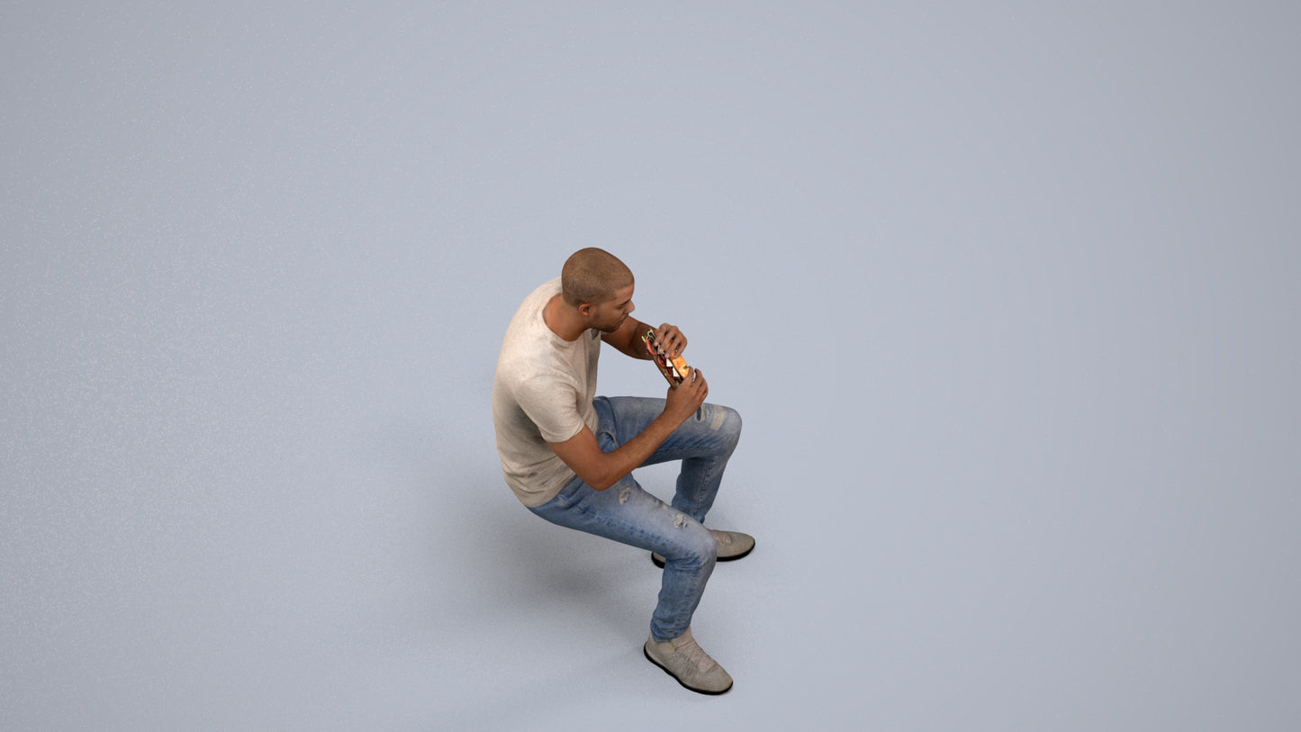 3D human model man casual sitting, photogrammetry scanned person for archviz, back view render
