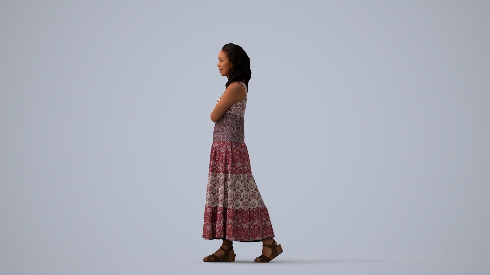 photogrammetry 3D woman casual walking, realistic human model archviz FBX, three-quarter view render