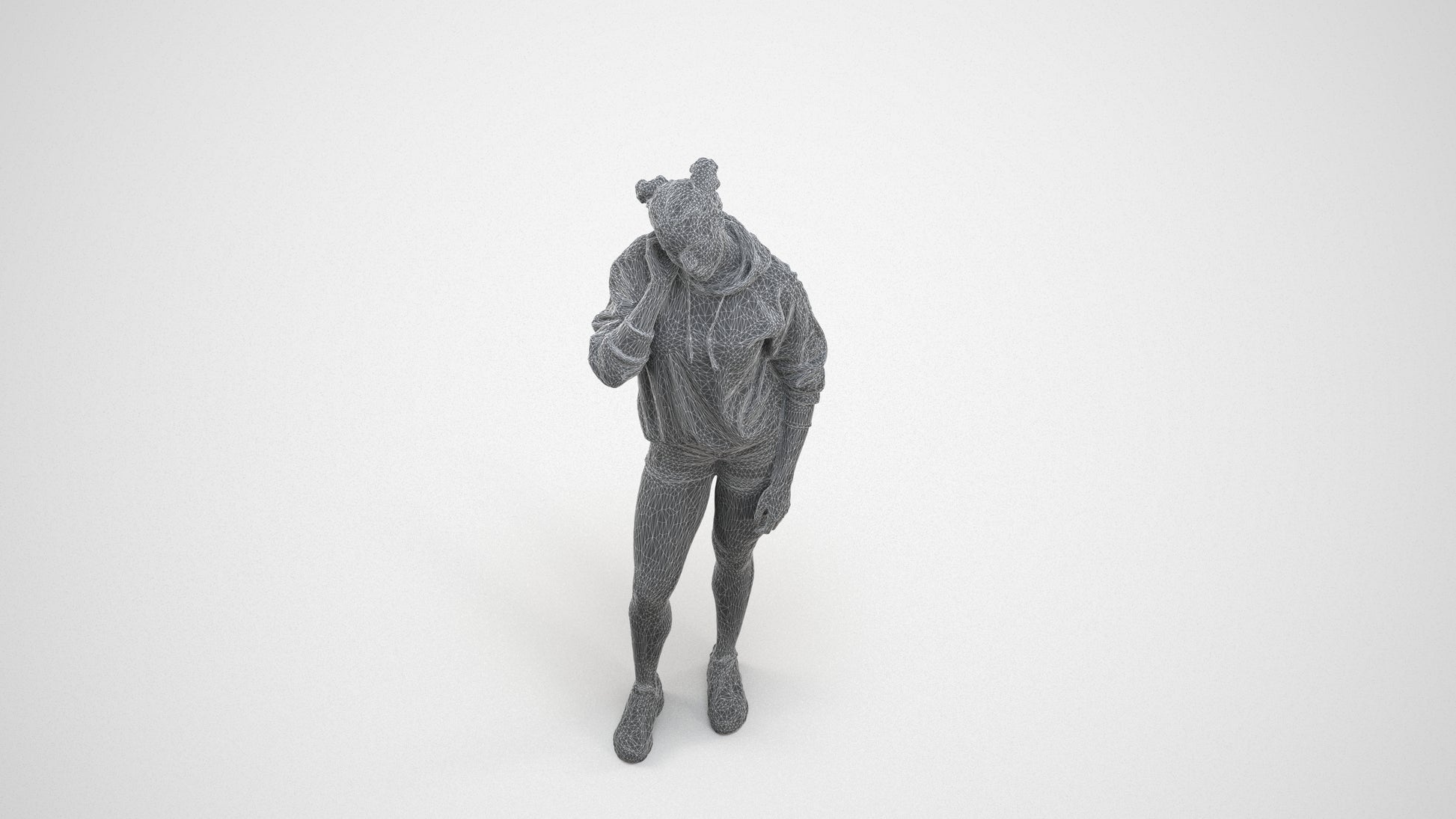 3D people model woman standing, scanned human for 3ds Max rendering, wireframe three-quarter view
