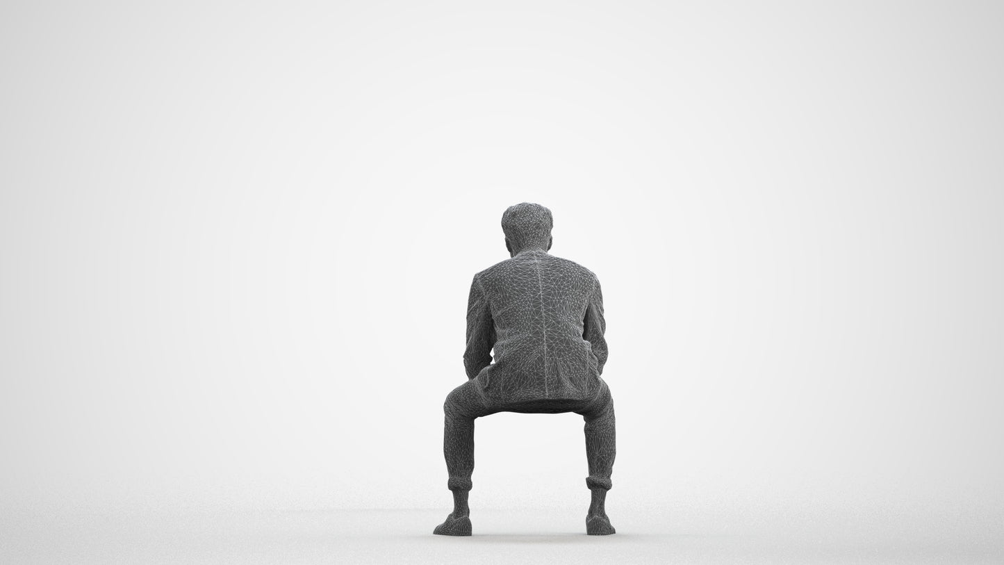 photogrammetry 3D man business sitting, realistic human model archviz FBX, wireframe front view