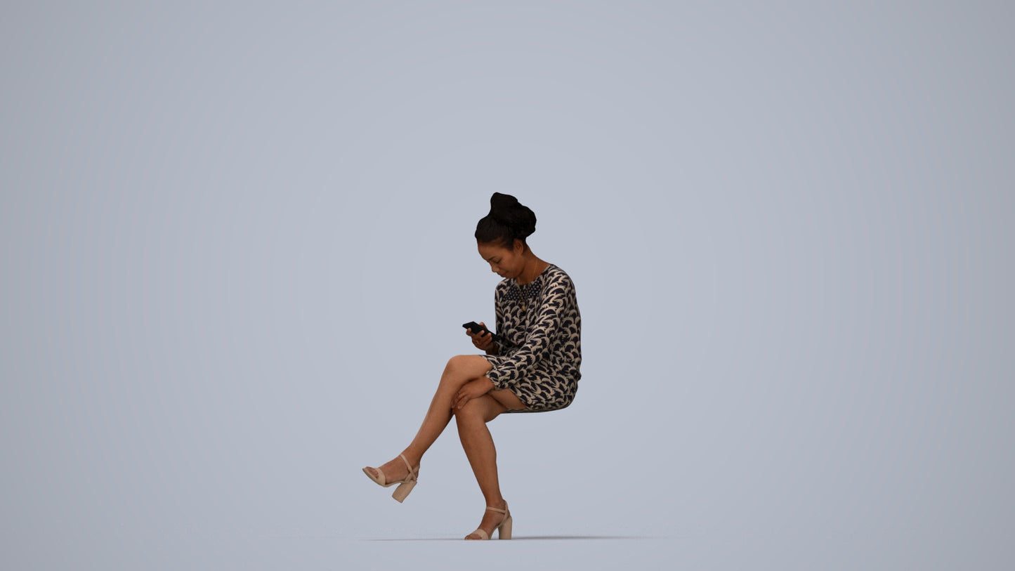 3D scanned woman sitting casual, photorealistic archviz people for Enscape and SketchUp, top-down view render