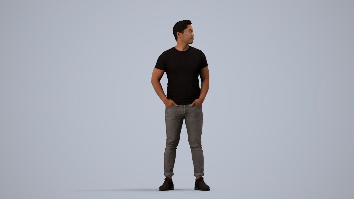 3D people model man casual standing, scanned human for 3ds Max rendering, side view render