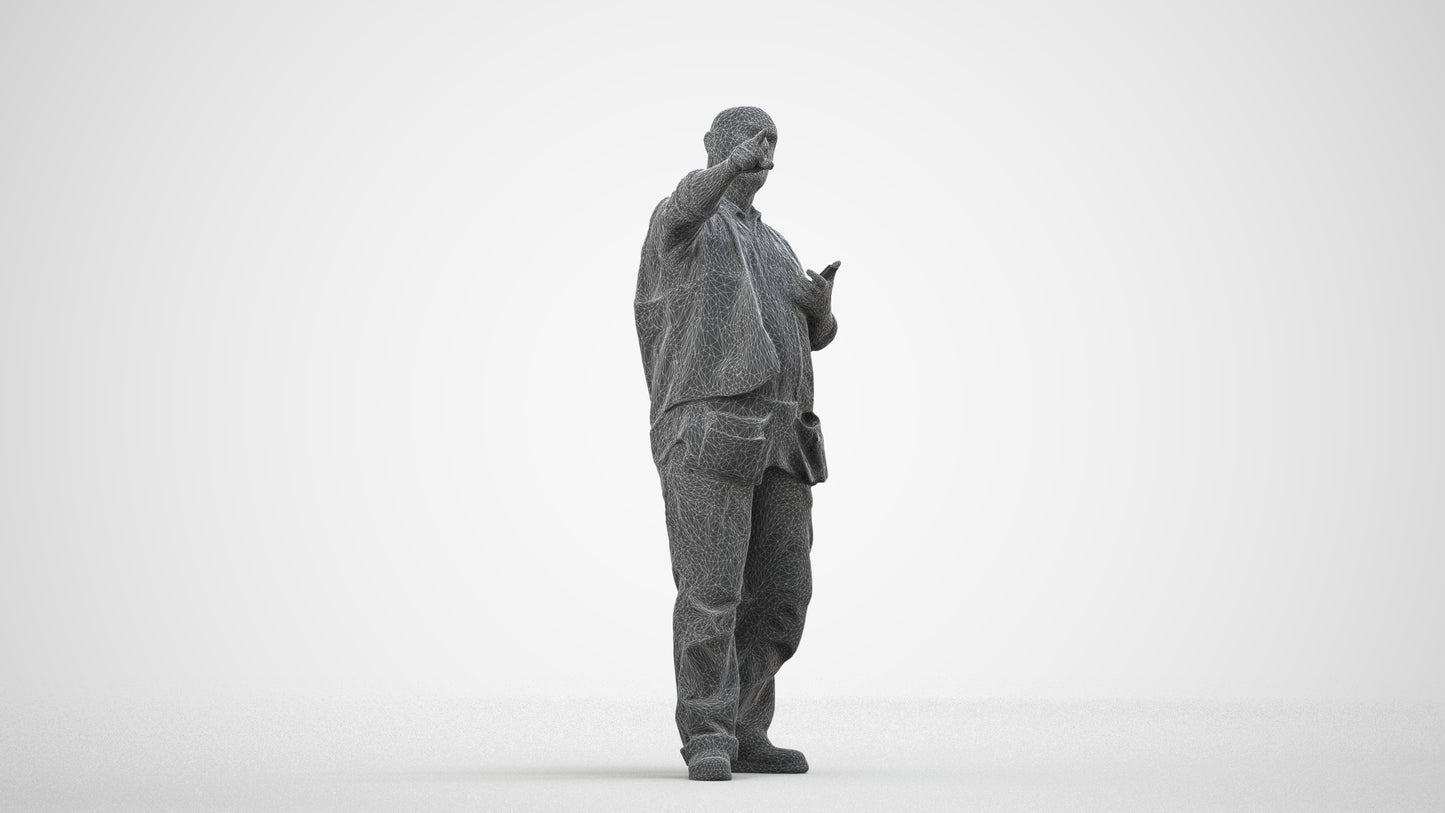 realistic 3D senior man standing, scanned archviz people for Blender and 3ds Max, wireframe side view